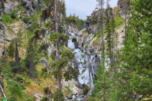 Close up through the trees of the falls on the Little Firehole River