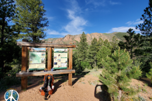 View of Rock wall behind trail information sign at trail head