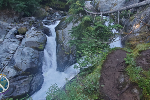 Waterfall from a different vantage point looking down being mesmerized by the flow and song of the falls in Mount Rainier National Park