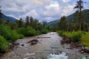 West Rosebud Creek flowing towards Fishtail, Montana. On the Bridge at Emerald Lake National Forest Campground.
