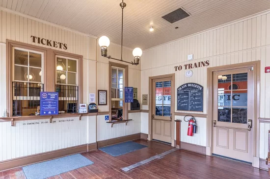 California Railroad Museum Ticket Office Exhibit on visit with Get Lost in America your Fly Fish Montana and Yellowstone Cabin Rentals experts here to help you.