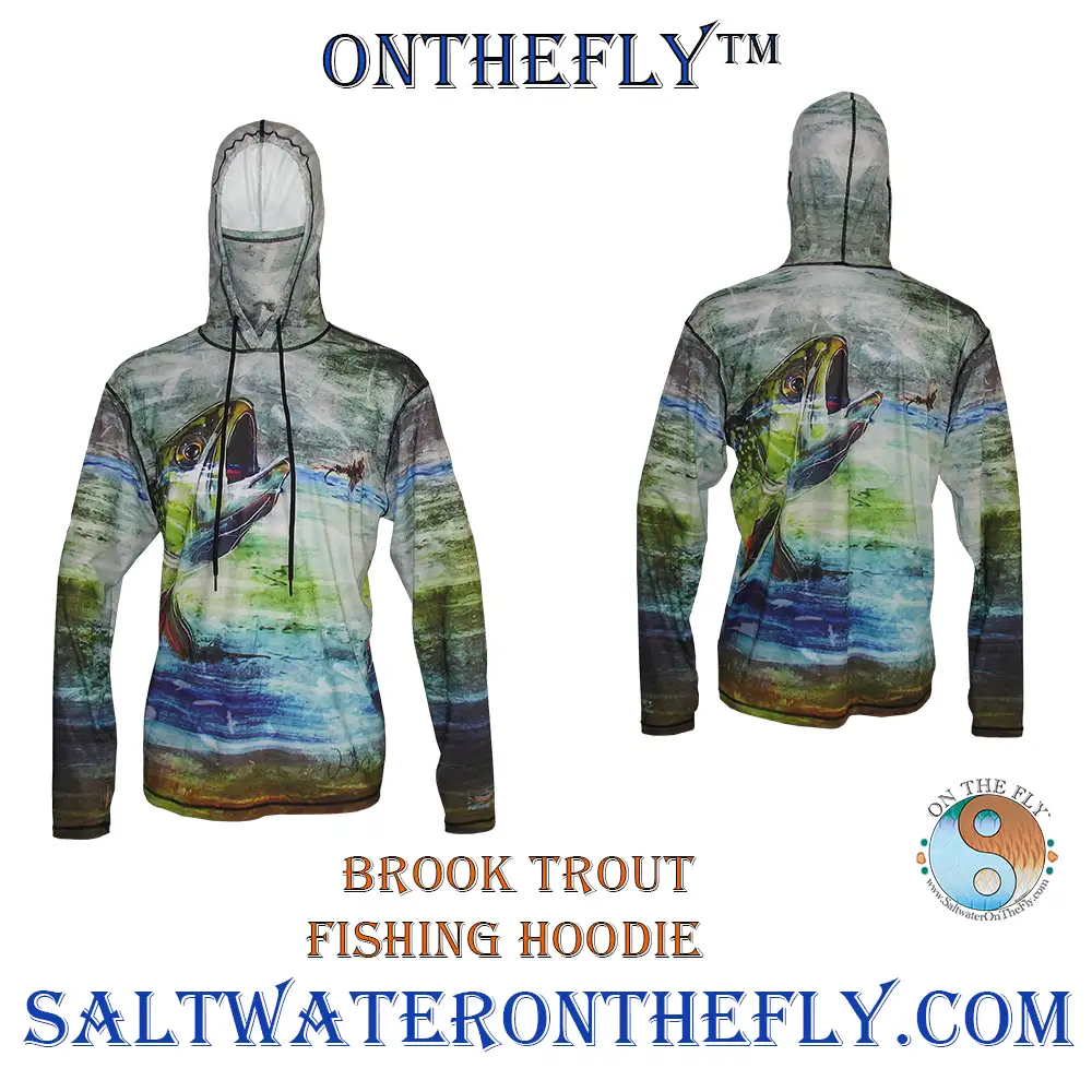 Outdoor Apparel in a graphic hoodie of a Brook Trout sun protective hoodie great for hiking the Continental Divide and Colorado Trail. Also makes a great base layer