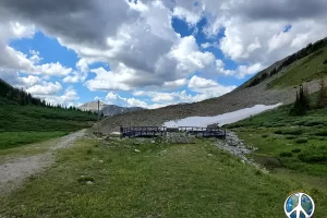 August and there is still quite a bit of snow in the shady areas, looking back at the turntable at West Alpine Tunnel on the Colorado Trail Alternate