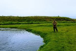 Fish on all decked out in tweed on a bank in Iceland with Get Lost in America | Saltwater on the Fly