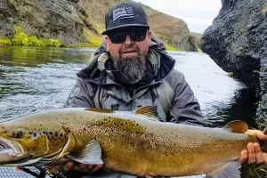 Beautiful spawning male fly fishing in Iceland