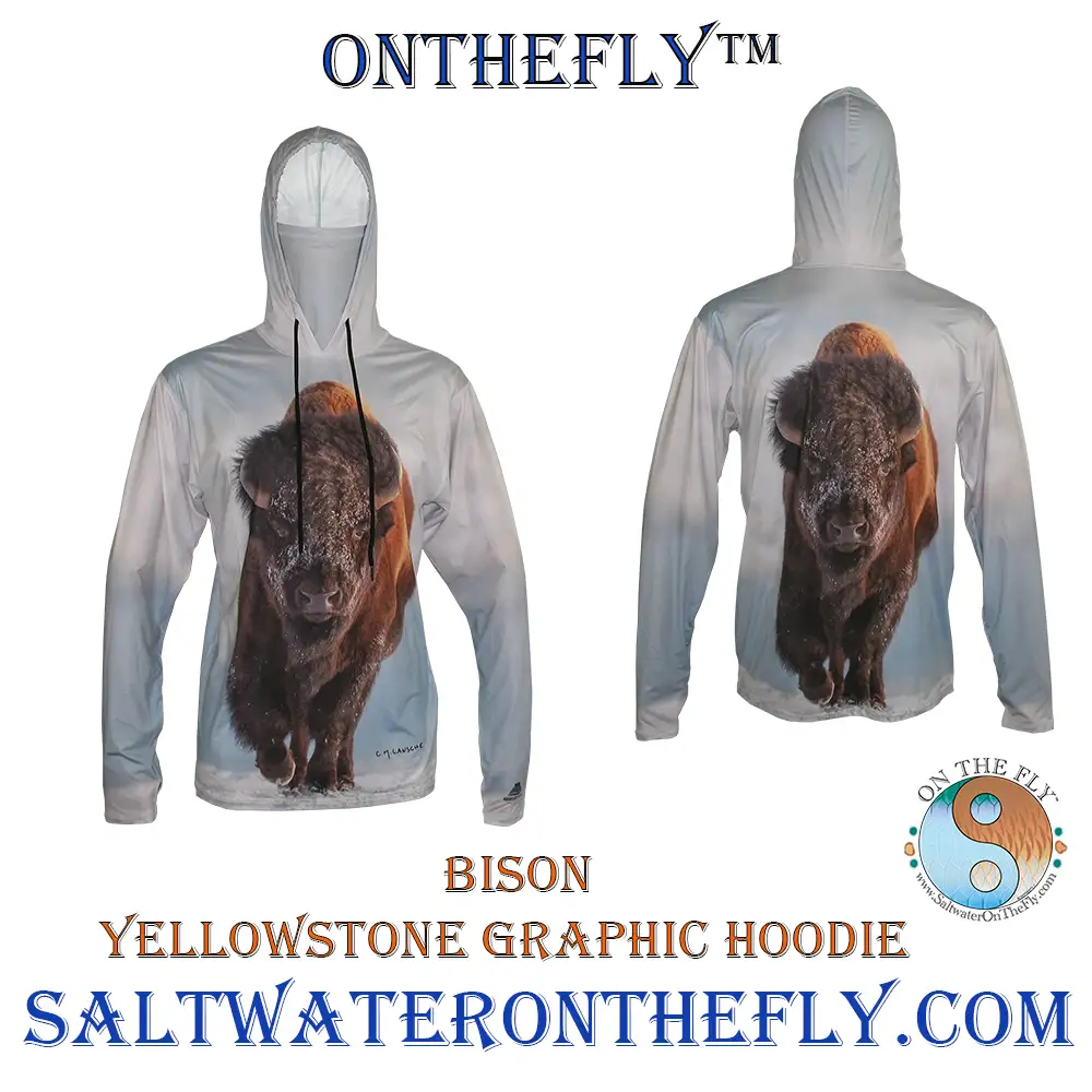 Snowshoeing with Yellowstone National Park Bison and Elk outdoor apparel.