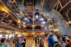 Looking up at the Architectural wonder of Old Faithful Lodge