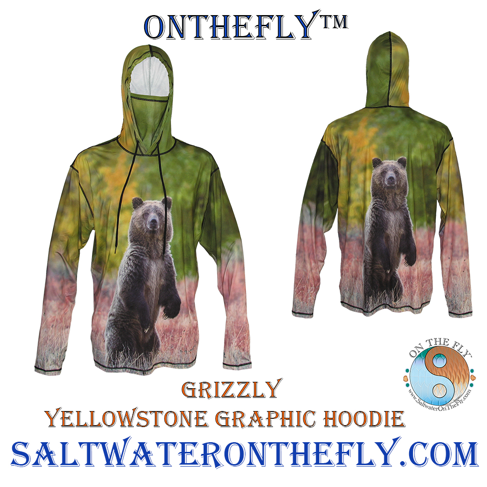 Out learning of Alaska's Mysteries, prosperity and tales of whoo a Grizzly Bear Graphic Hoodie with a sewn in face mask UPF-50. Wicking and great bear camo saltwater on the fly Alaska Ghost Towns explore.