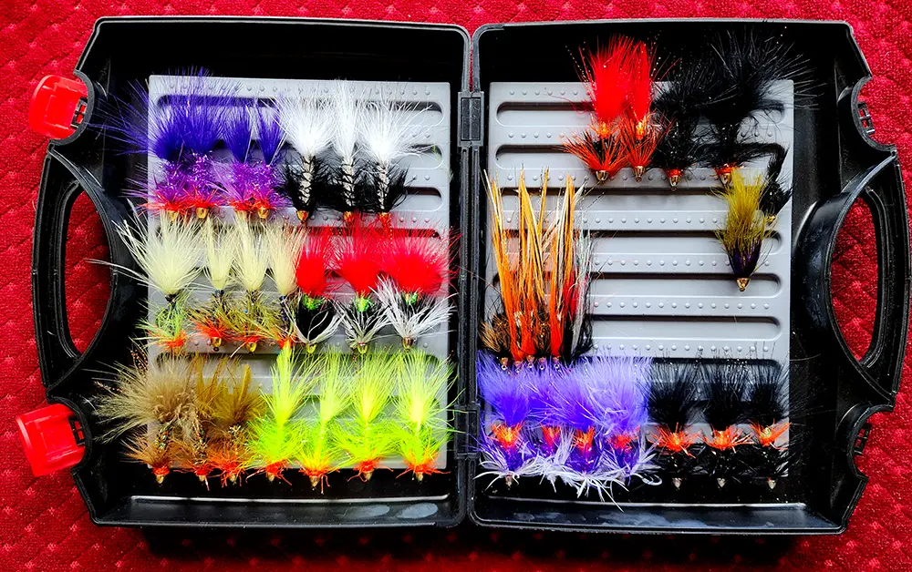 Muskie, Pike, and bass flies in a double sided streamer fly box.