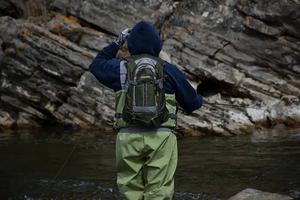 Hiking and fly fishing Stillwater River, I wear the Snowbee Backpack vest for it's connivences.