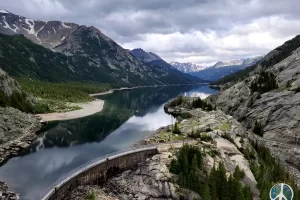 Hiking and fly fishing in Montana. First view full view of Mystic Lake as we descent in the valley.