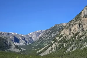 Looking up toward the back of Rock Creek Canyon Climbing Beartooth Pass going south from Red Lodge, Montana. Get Lost in America