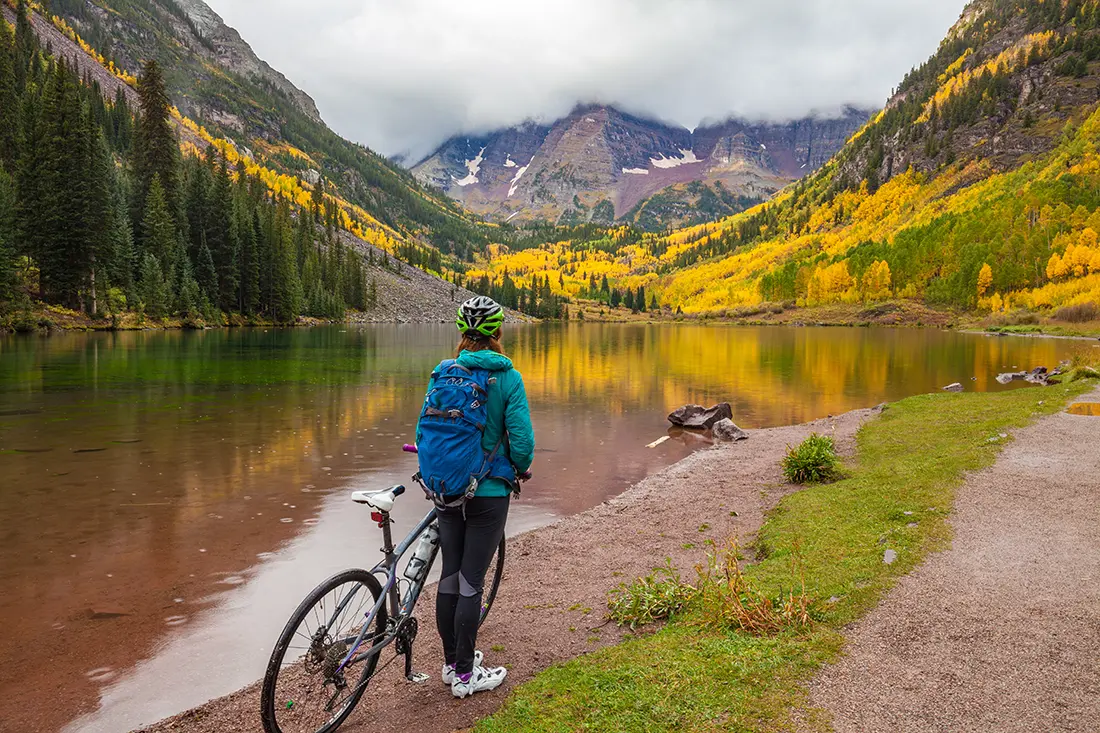 Colorado Mountain Biking Trails, with Maroon Bells in background.