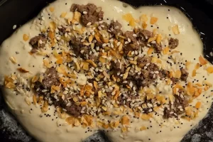 Sourdough Starter Breakfast Fry Bread in Pan with Taco Meat & Everything Bagel
