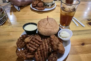 Burger and Ice Tea at the 307 Bar and Casino Columbus Montana Rock Creek Basecamp 4 Days of Fly Fishing and Day Hikes Get Lost in America