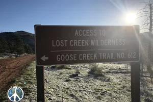 Harmonica Arch Lost Creek Wilderness 19. 3 Sign on Forest Service Road for turn to Goose Creek Trailhead, Get Lost in America.