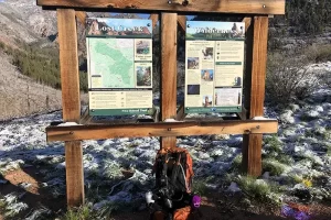 Harmonica Arch Lost Creek Wilderness 24. 3 Trail head sign into Lost Creek Wilderness at Goose Creek Trail Head, Osprey pack, doing stretching’s and getting the trail mojo going on, Get Lost in America.