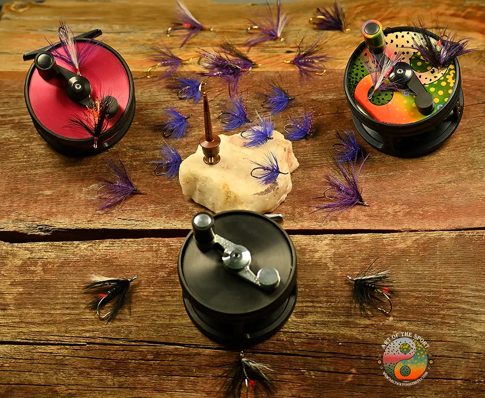 Purple Peril Among Spey Reels and other Steelhead Pattern, like skunks, streetwalkers, and signal lights.