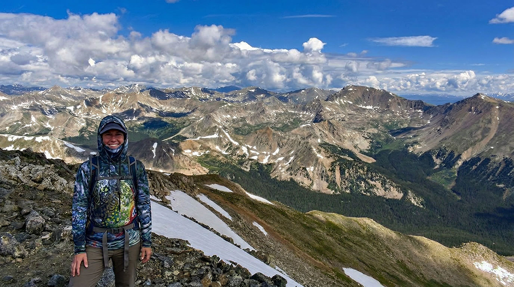 Summit of Mount Yale, wearing a Brook Trout Hoodie.