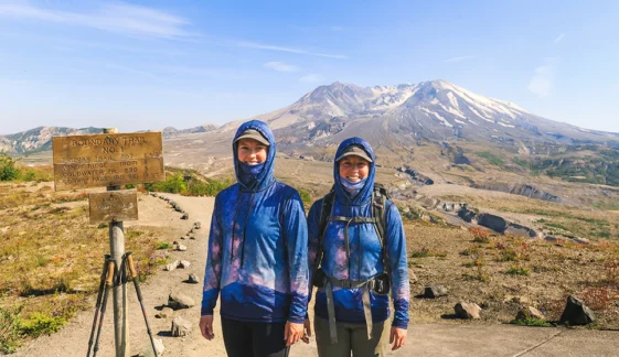 Next to a trail sign, Mount Saint Helens
