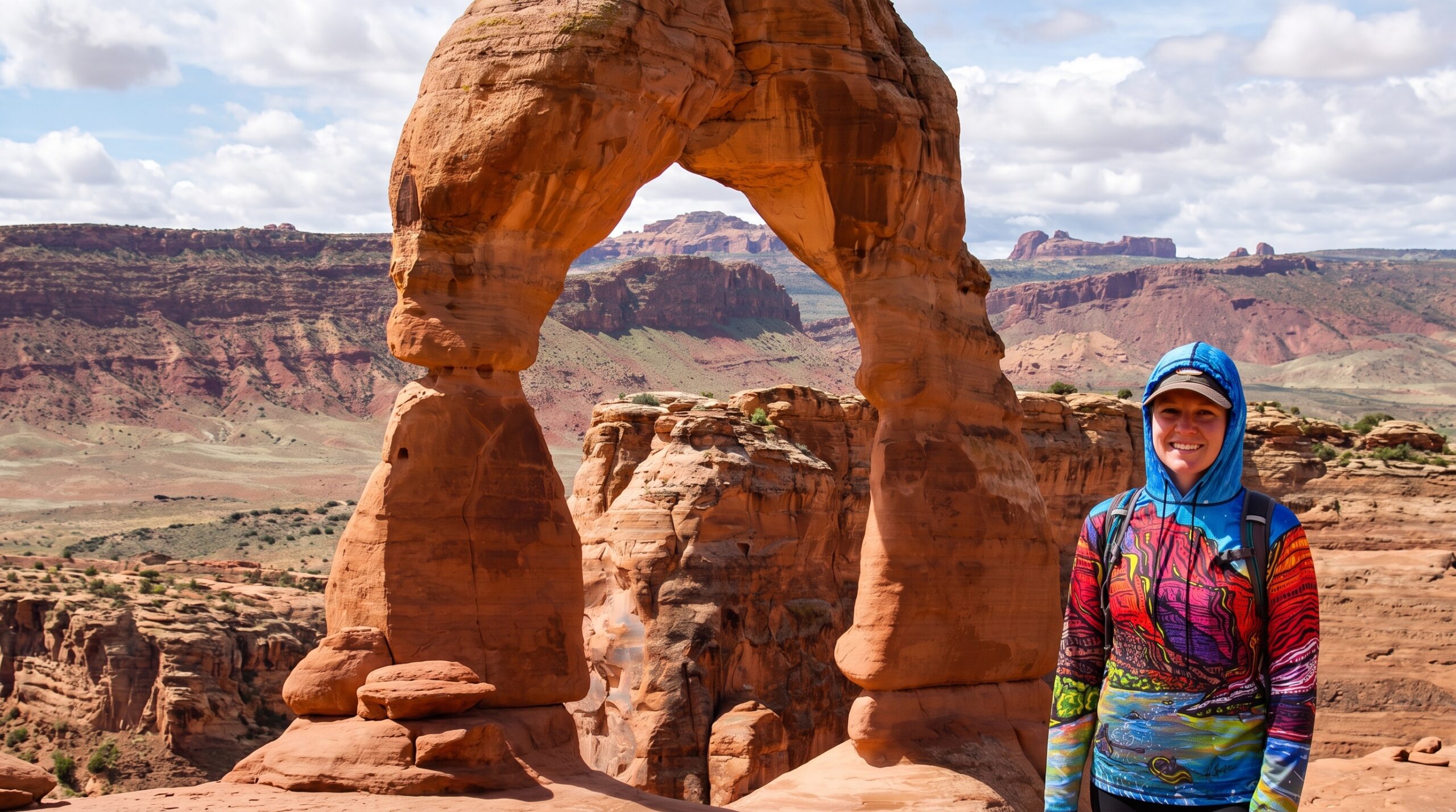 Delicate Arch-Arches National Park- I am in a Grand Canyon Performance Graphic Hoodie, from Saltwater on the fly.com