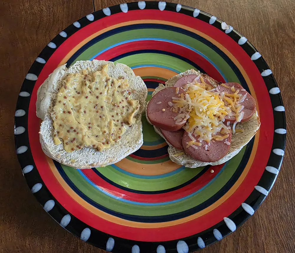 Lunch Pickled Bison Bologna on a sourdough dill and garlic English muffin, Get Lost in America